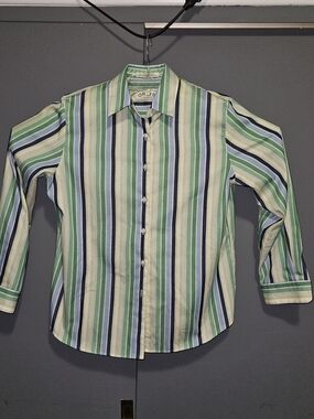 Orvis Womens  Multi-Stripe Button-Down Shirt in Green, Blue & Cream Size 16